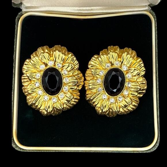 Vintage Kenneth Jay Lane Avon Sunflower Earrings Clip Signed Black Gold KJL - Picture 2 of 10